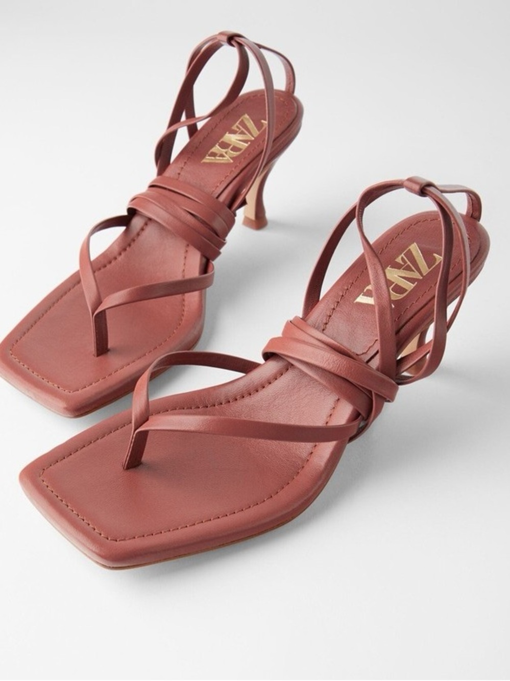 Zara Square Toe Leather Heeled Sandals in Brown - Size 39